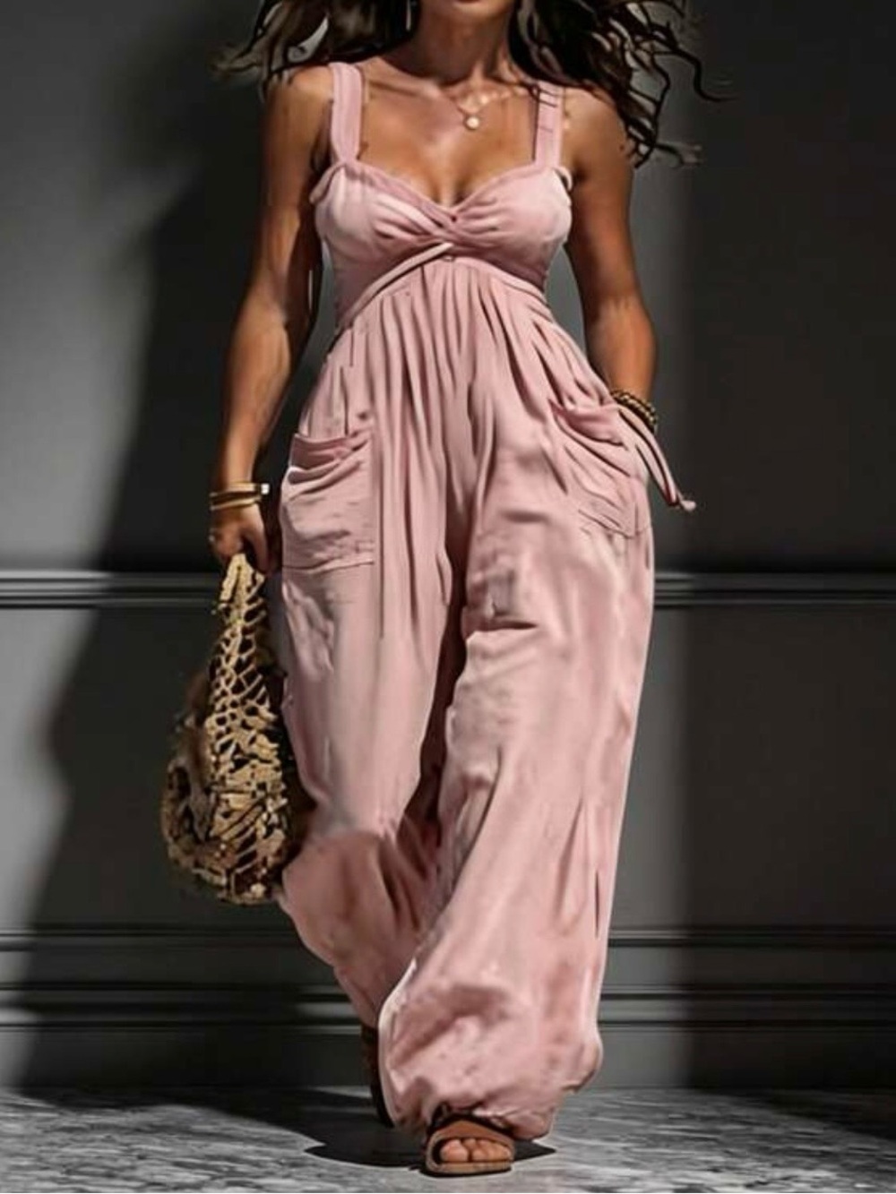 Women's Pink Wide-Leg Jumpsuit with Pockets